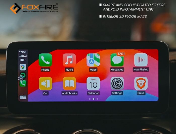 Mercedes-Benz GLC interior showing FoxFire Android infotainment display with Apple CarPlay interface