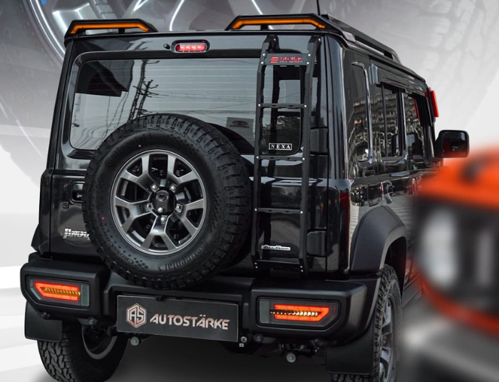 Jerry can holder and rear ladder fitted to Maruti Jimny by Autostarke